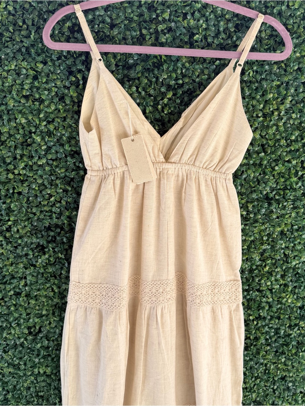 Boho Cream V-Neck Maxi Dress with Spaghetti Straps - Picture 4 of 10